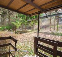 Blick von der Terrasse auf die Erholungsgrundstücke in Holčíkovce mit Herbstlaub und Bäumen.