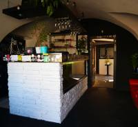 Innenraum eines Gastronomiebereichs mit weißer Bar, Pflanzen und bequemen Sitzgelegenheiten.