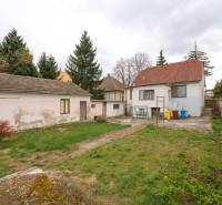 Der Garten und die Gebäude des Einfamilienhauses in der Zelenečská Straße in Trnava, umgeben von Bäumen.