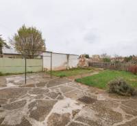 Garten bei einem Einfamilienhaus in der Zelenečská-Straße in Trnava mit Rasen und Pflastersteinen.