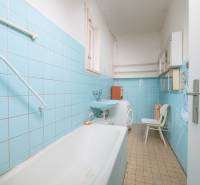 Badezimmer mit blauen Fliesen, Waschbecken, Badewanne, Waschmaschine und Regalen im Einfamilienhaus.