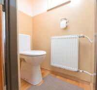 Toilette in einem Einfamilienhaus mit Heizkörper und Boden in Holzoptik.