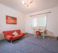 Wohnzimmer in einem Einfamilienhaus mit rotem Sofa und Tisch mit Stuhl.