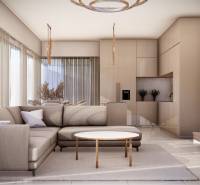Wohnzimmer mit Sofa, Tisch und Küchenzeile in einer 4-Zimmer-Wohnung.