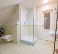 Badezimmer in einer 2-Zimmer-Wohnung mit Waschmaschine, Toilette und Dusche.