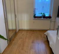 Ein Zimmer in einer 2-Zimmer-Wohnung mit einem Boden in Holzoptik und einem Schrank mit Spiegel.