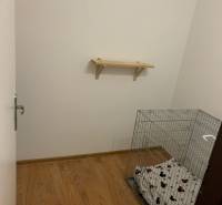 Malý pokoj s nástěnnou policí, podlahou s dřevěným dekorem a klecí pro zvíře.