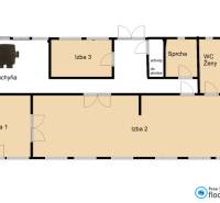 Grundriss der Gastronomieräume mit Küche, drei Zimmern und sanitären Einrichtungen.