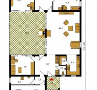 Grundriss eines einstöckigen Einfamilienhauses mit Garage und geräumigem Wohnzimmer.