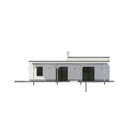 Ein Einfamilienhaus in Dolná Seč mit einer einfachen Fassade und Glastüren.