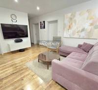 Wohnzimmer mit Holzboden und rosa Sofa in einer 3-Zimmer-Wohnung.