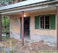 Eine Hütte in Kamenín mit einer Veranda und grünen Fensterläden, umgeben von Natur.
