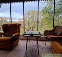 Eine Hütte mit Sitzgelegenheiten aus antiken Sesseln und Blick auf den Herbstwald.