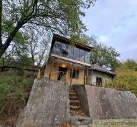 Eine Hütte in Kamenín mit einem Betonsockel und großen Fenstern inmitten von Bäumen.