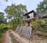 Eine Hütte in Kamenín mit einem verglasten Obergeschoss, umgeben von Bäumen und einem Waldweg.