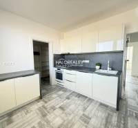 Küche in einer 2-Zimmer-Wohnung mit weißen Schränken und einem Boden in Holzoptik.