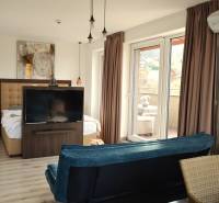 Innenraum einer 2-Zimmer-Wohnung mit Holzboden, Fernseher und Balkon.