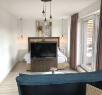 Wohnzimmer in einer Zweizimmerwohnung mit Holzboden und abgetrenntem Schlafbereich.