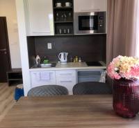 Küche in einer 2-Zimmer-Wohnung mit weißen Schränken und Mikrowelle.