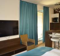 Einzimmerwohnung mit Fernseher, Holzmöbeln, Küchentheke und türkisfarbenen Vorhängen.