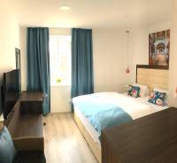 Helles Zimmer in einer 2-Zimmer-Wohnung mit blauen Vorhängen und Holzboden.