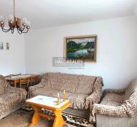 Obývacia izba rodinného domu s pohovkou, obrazom a jedálenským stolom.