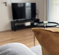 Wohnzimmer in einer Einzimmerwohnung mit Fernseher, Sofa und Holzboden.