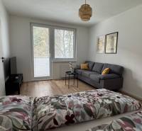 Wohnzimmer in einer Einzimmerwohnung mit Sofa und Fernseher, Boden mit Holzdekor.