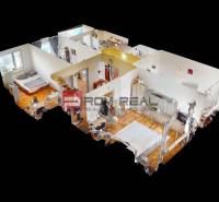 3D-Grundriss einer 4-Zimmer-Wohnung mit angezeigten Räumen und Böden in Holzoptik.