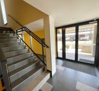 Treppe mit dunklen Fliesen und Glastüren in Košice in der Borievkova-Straße.