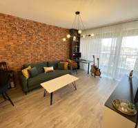 Wohnzimmer in einer 2-Zimmer-Wohnung mit Ziegelverkleidung und Holzboden.