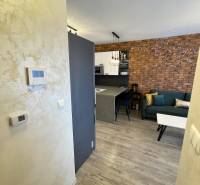 Innenraum einer 2-Zimmer-Wohnung mit Holzboden, Ziegelwand und Küchenzeile.