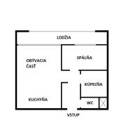 Grundriss einer 2-Zimmer-Wohnung mit Küche, Wohnzimmer, Schlafzimmer, Badezimmer, WC und Loggia.