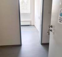 Innenraum eines Büros mit weißen Wänden, einem Boden in Holzoptik und einer Tür mit Fenster.
