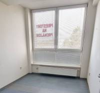 Ein kleines Büro mit großen Fenstern und einem Boden in Holzoptik.