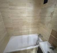 Badezimmer in einer 3-Zimmer-Wohnung mit einer Porzellanbadewanne und Fliesen in Holzoptik.