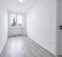 Ein schmaler Raum mit einem großen Fenster und einem Boden in Holzoptik in einer 3-Zimmer-Wohnung.