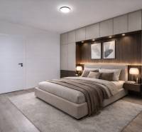 Schlafzimmer in einer 3-Zimmer-Wohnung mit Teppichboden, Holzbodenoptik und Einbauschränken.