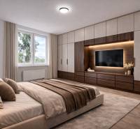 Schlafzimmer in einer 3-Zimmer-Wohnung mit großem Bett, Schränken und einem Fernseher an der Wand.