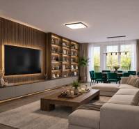 Ein stilvolles Wohnzimmer mit einem Sofa, einem Holzboden und einem großen Fernseher in einer 3-Zimmer-Wohnung.