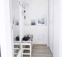 Eingangsbereich in einer 2-Zimmer-Wohnung mit Spiegel, Bank und Boden in Holzoptik.