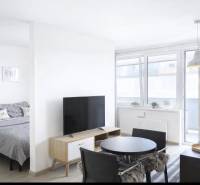 Helles Wohnzimmer in einer 2-Zimmer-Wohnung mit Fernseher und Esstisch.