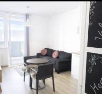 Wohnzimmer in einer 2-Zimmer-Wohnung mit Holzboden und Balkon.