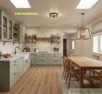 Innenraum eines Einfamilienhauses mit Küche, Holzelementen und Küchentisch mit Lampe.