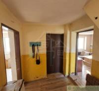 Innenraum eines Einfamilienhauses mit Holzboden, gelbe Wände, Kleiderständer, Sofa.