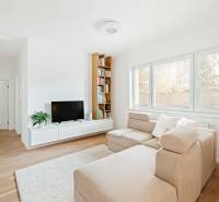 Helles Wohnzimmer in einer 4-Zimmer-Wohnung mit Holzboden, Sofa und Fernseher.