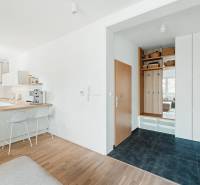 Eingangsflur in einer 4-Zimmer-Wohnung mit Holzboden und Küchenzeile.
