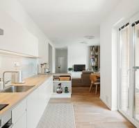 Küche mit Holzboden und Wohnzimmer in einer 4-Zimmer-Wohnung.
