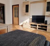 Wohnzimmer in einer 3-Zimmer-Wohnung mit Holzboden, Fernseher und Möbeln.