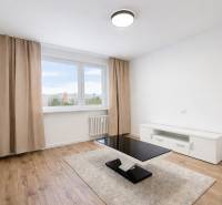 Wohnzimmer mit Holzboden, Couchtisch und weißem Schrank in einer Zweizimmerwohnung.